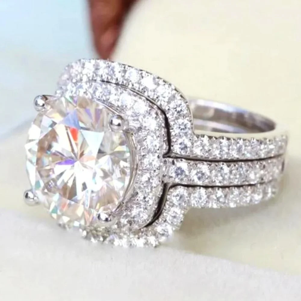 😍NEW 14K WHITE GOLD 3PCS/SET HALO BRIDAL STACK 💎DIAMOND RING SET, L121